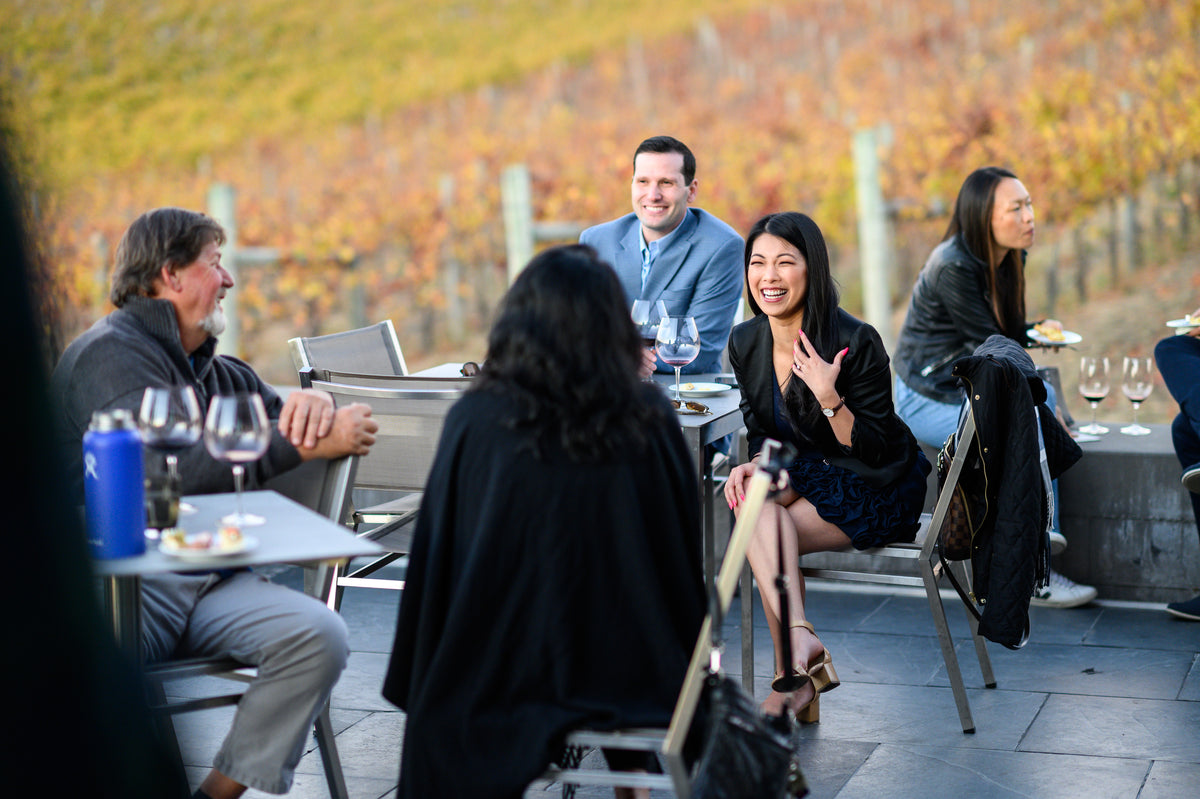 A group of people sit outdoors at a winery or vineyard, talking and laughing around tables with wine glasses and plates of food. The background shows rows of grapevines. The mood appears lively and social.