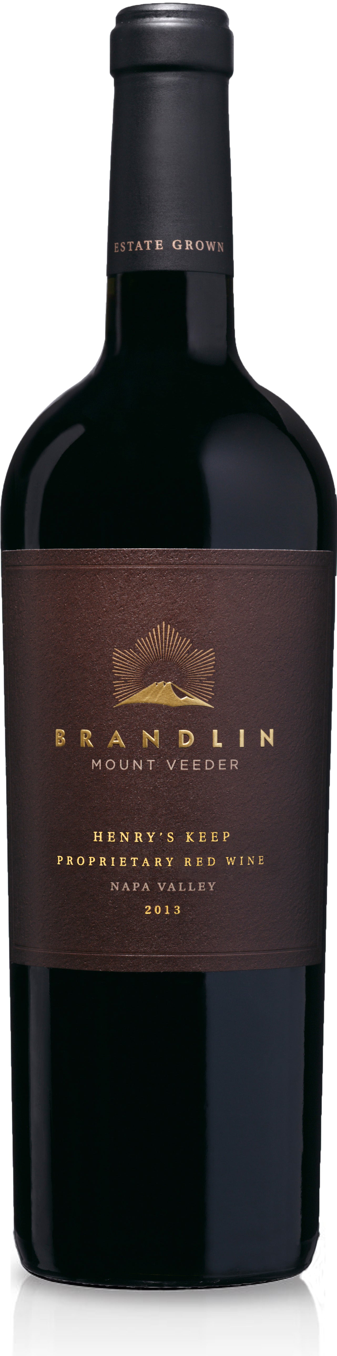 A bottle of 2013 Brandlin Estate Henry's Keep Red Wine comes in a dark glass bottle with a deep red wax seal and a brown label with gold text.