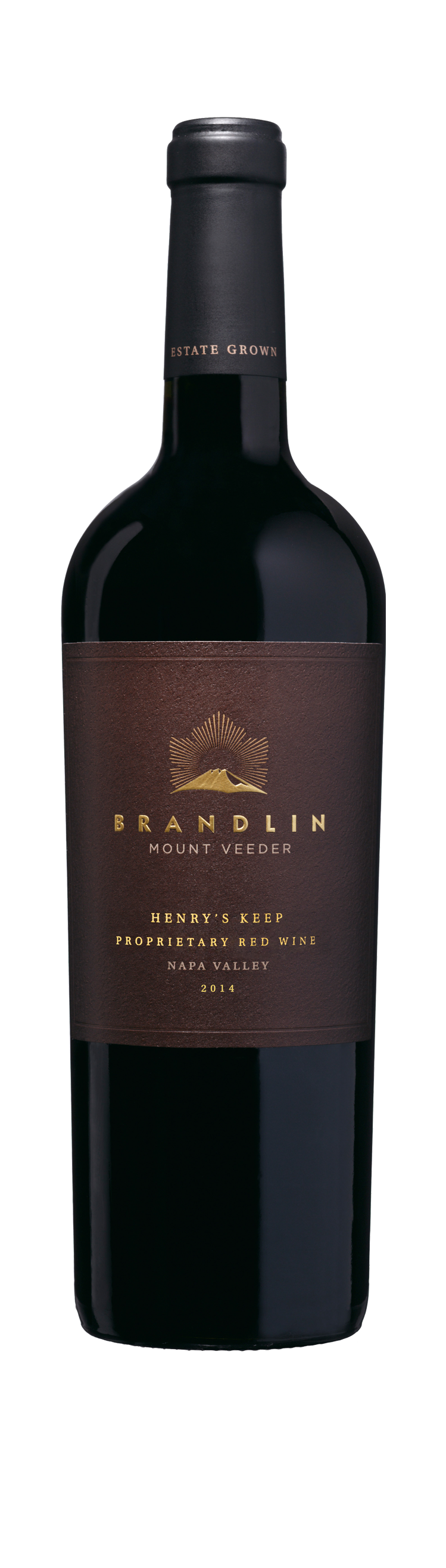 A 1.5L bottle of 2014 Brandlin Estate Henry's Keep Red Wine, featuring a brown label with gold lettering on dark glass.