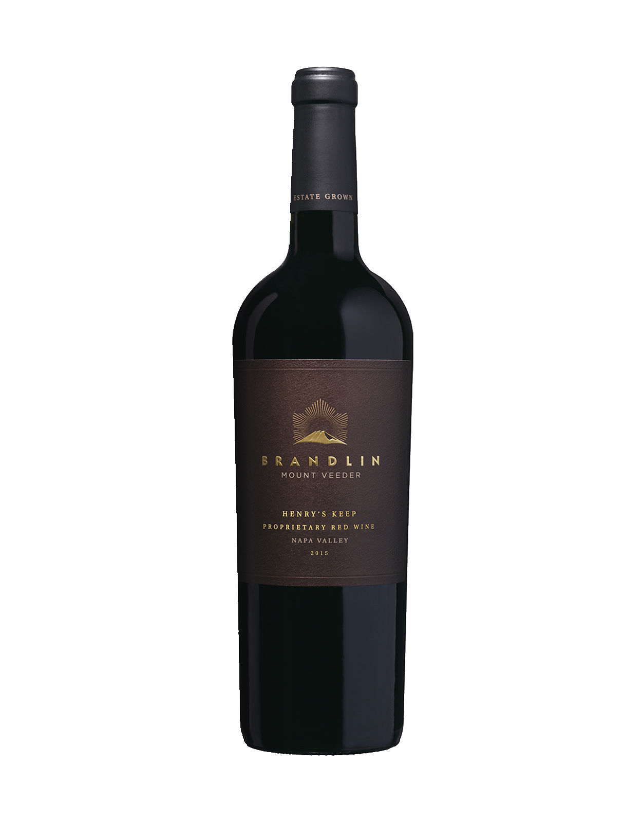 A dark glass wine bottle with a brown label reading Brandlin Estate Henry's Keep Red Wine 2015 is shown against a plain white background.
