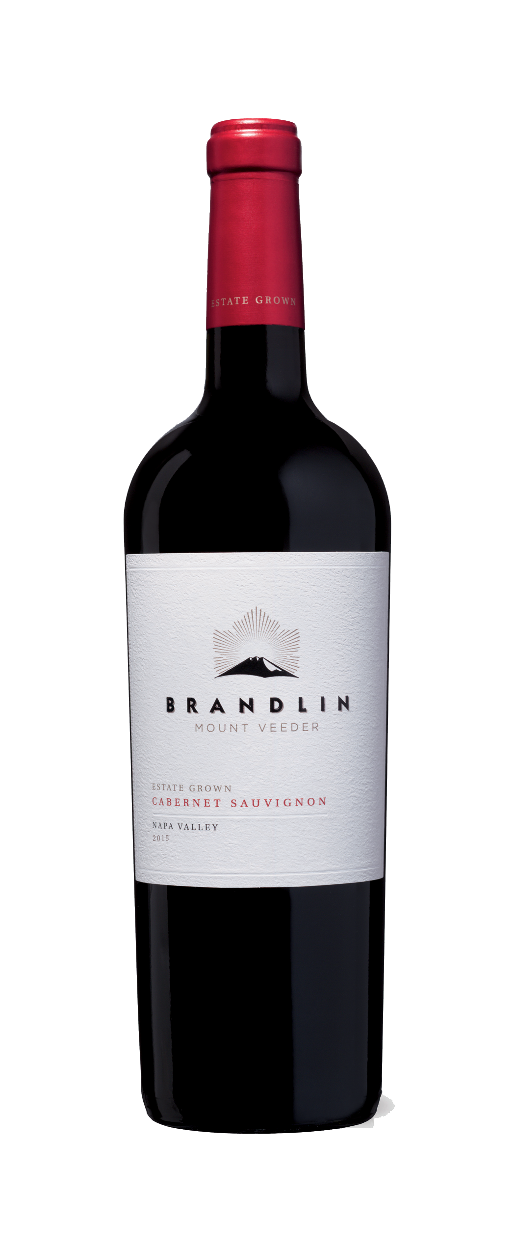 A bottle of 2015 Brandlin Estate Cabernet Sauvignon 1.5L features a white label with black and red text, a simple mountain graphic, and is topped with a red foil capsule.