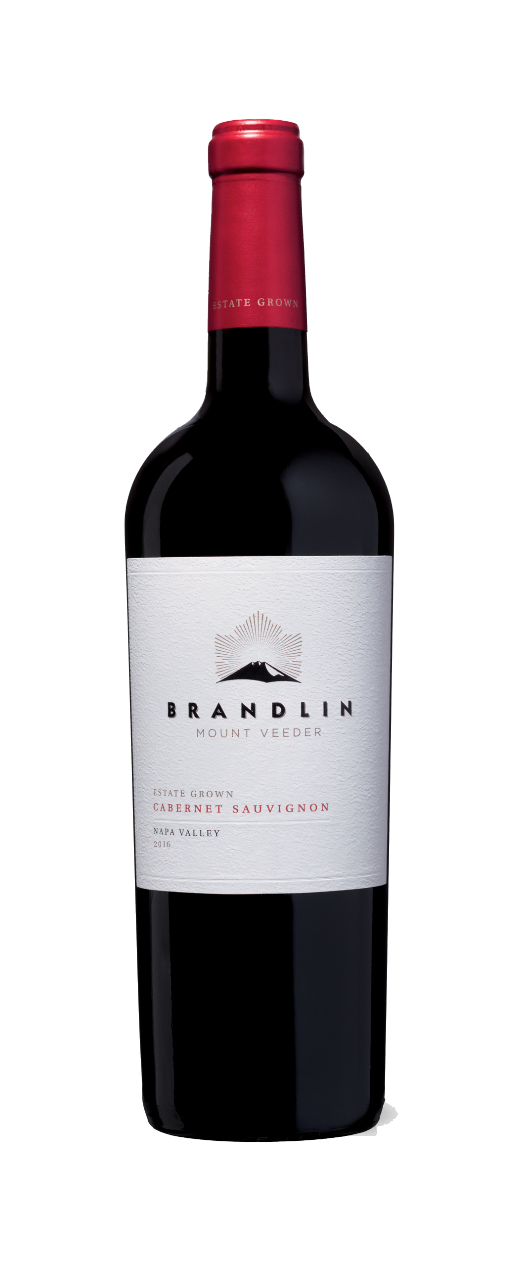 A bottle of 2016 Brandlin Estate Cabernet Sauvignon with a red foil capsule and a white label featuring the winery name and wine details in black and red text.