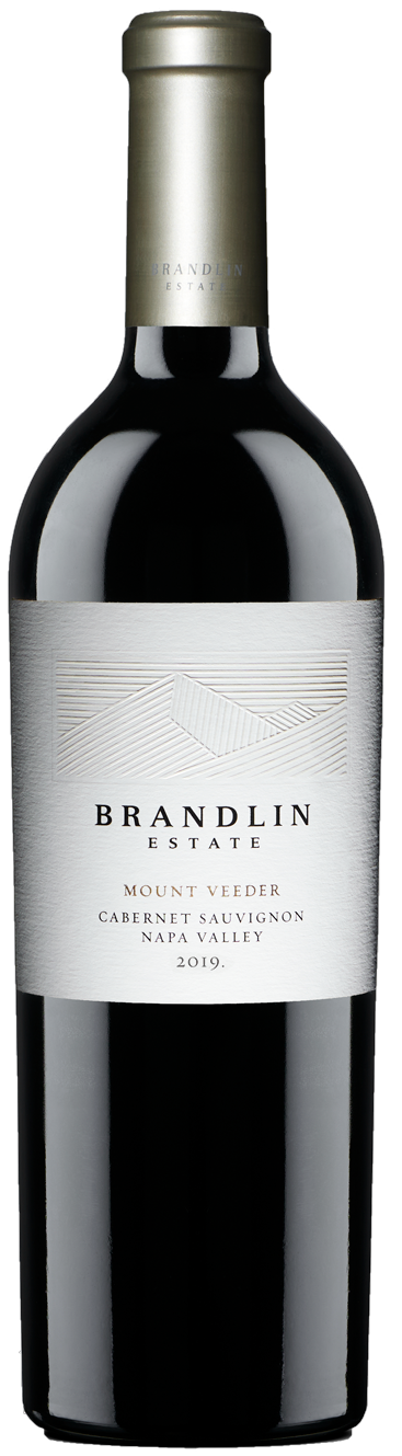 A bottle of 2019 Brandlin Estate Cabernet Sauvignon from Napa Valley, Mount Veeder, with a silver label, black text, and a gold foil capsule.