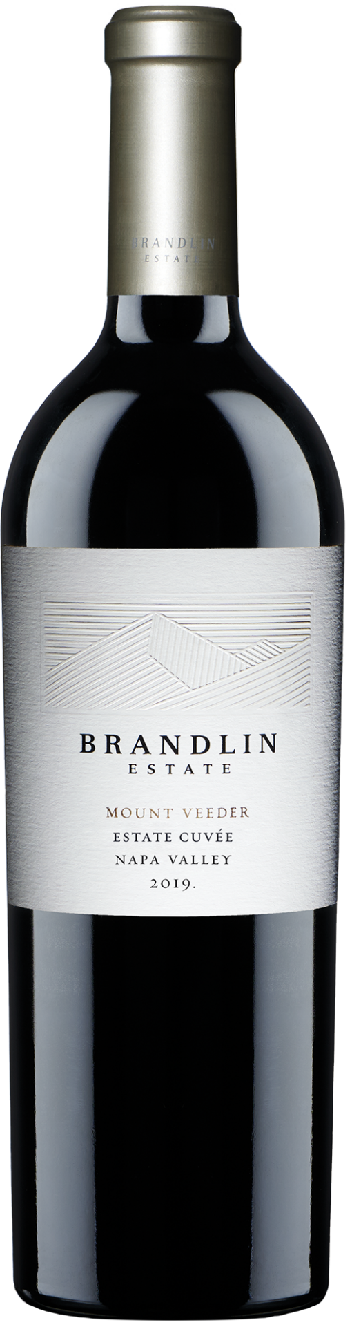 A bottle of 2019 Brandlin Estate Cuvée Red Wine with a silver label and dark cap is photographed against a plain background.