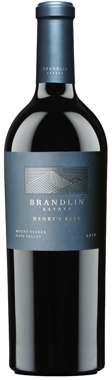 A bottle of 2019 Brandlin Estate Henrys Keep Red Wine from Mount Veeder, Napa Valley, featuring a dark blue label with silver text and a stylized mountain line graphic.