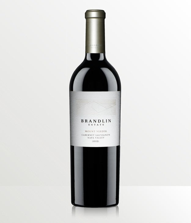 A 1.5L bottle of 2021 Brandlin Estate Cabernet Sauvignon with a silver and white label and metallic silver foil top, standing on a plain white surface.