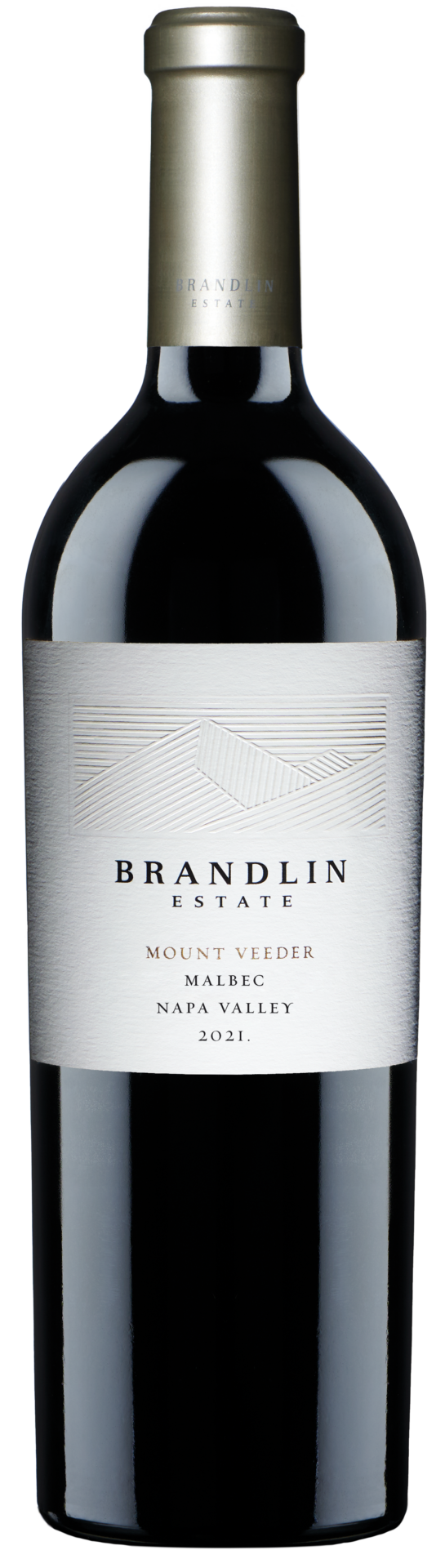 A bottle of 2021 Brandlin Estate Malbec, Mount Veeder, with a silver and white label featuring simple line art and text stands against a plain light background.