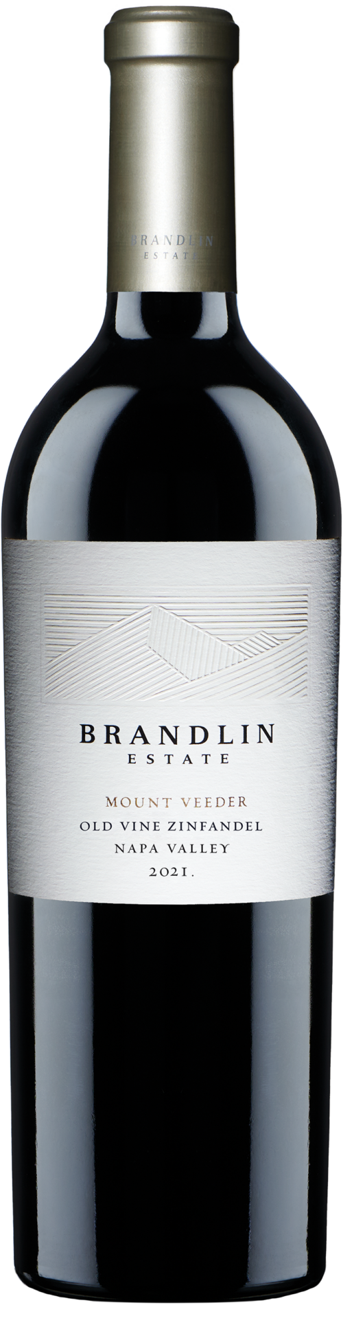 A bottle of 2021 Brandlin Estate Zinfandel Old Vine, Mount Veeder wine with a silver label, black text, and a gold foil capsule on the neck.