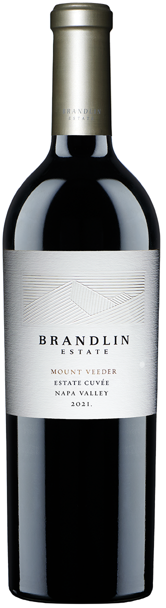 A bottle of Brandlin Estate Mount Velder Estate Covée Napa Valley 2021 red wine, featuring a dark glass bottle with a metallic gold foil capsule and a white label with black text.