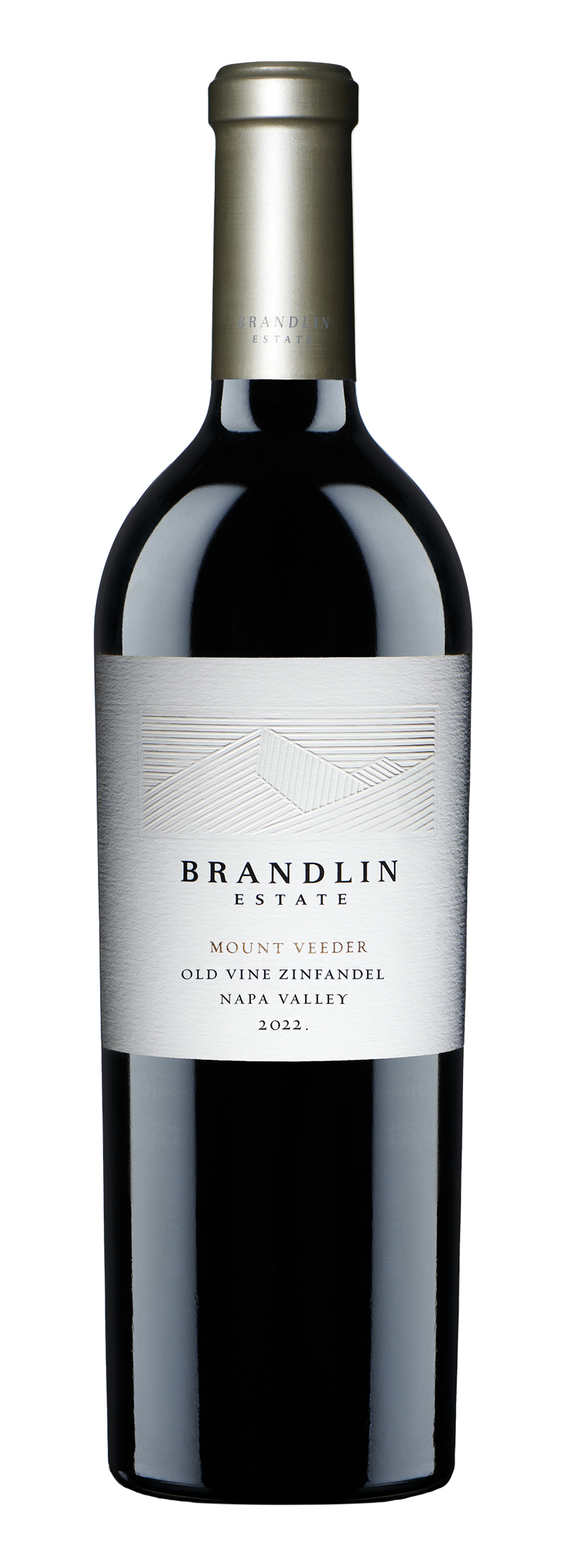 A bottle of 2022 Brandlin Estate Zinfandel Old Vine Mount Veeder, featuring a metallic gold cap and a white label with the winery name and wine details.