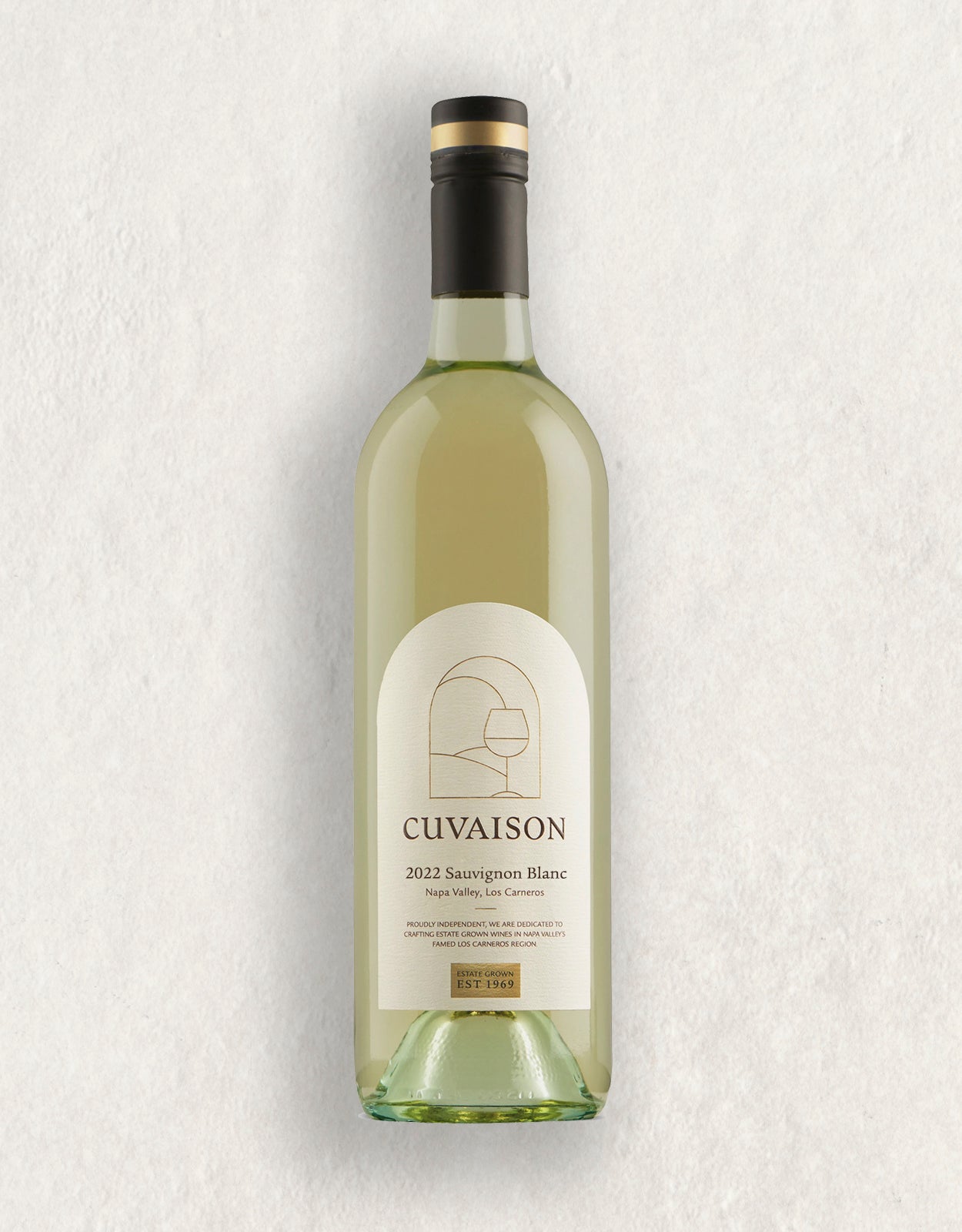 A bottle of 2022 Cuvaison Estate Sauvignon Blanc with a cream label showcasing minimalist line art of a wine glass and details on the variety, vintage, and origin, finished with a black and gold cap.