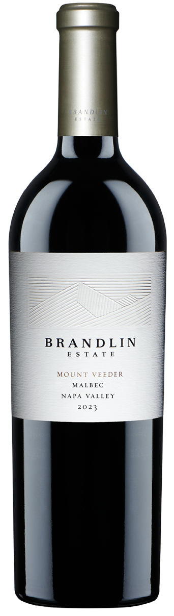 A bottle of Brandlin Estate Mount Veeder Malbec Napa Valley 2023 red wine, featuring a dark glass bottle with a silver foil capsule and a white label.