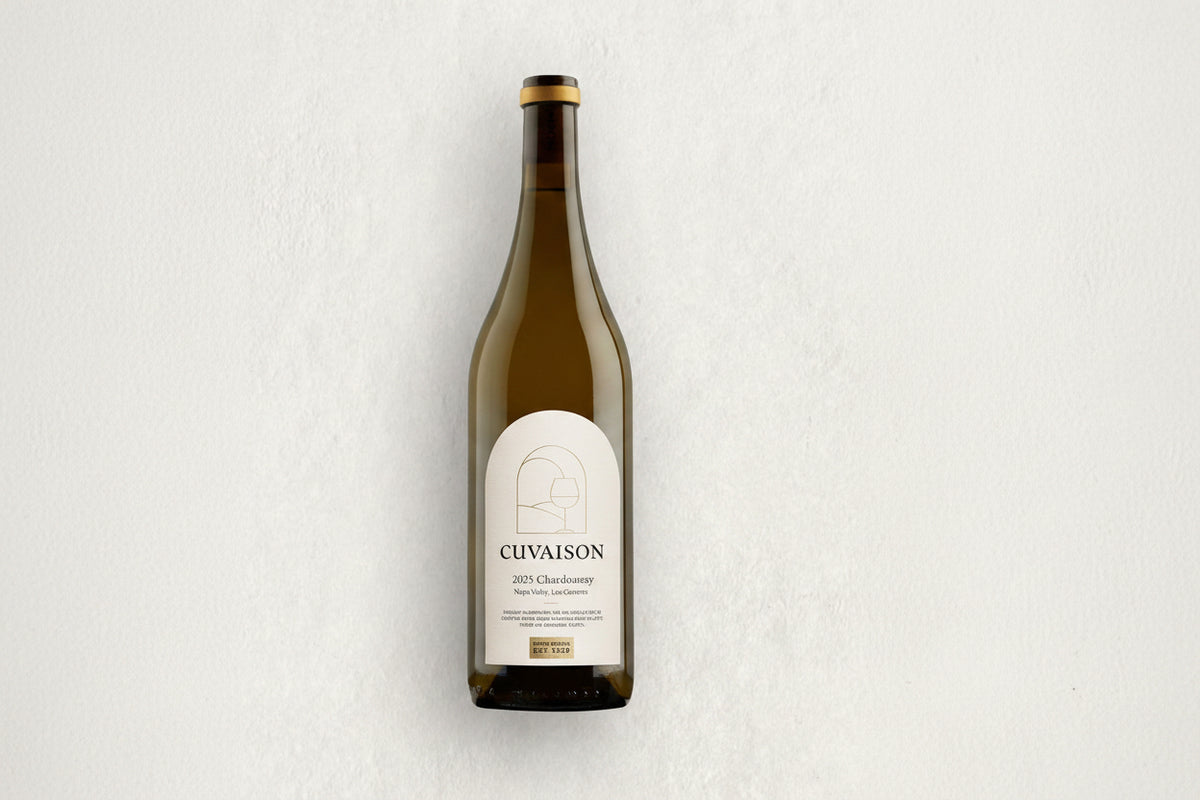 Wine bottle labeled ' 2025 Cuvaison Estate Chardonnay' on a textured white background