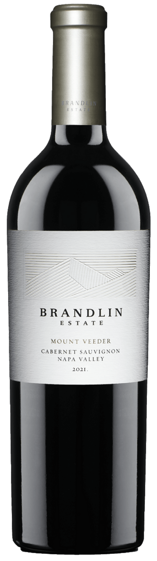 A bottle of 2021 Brandlin Estate Cabernet Sauvignon has a silver label and metallic silver capsule, featuring the vineyard name and wine details in black text.