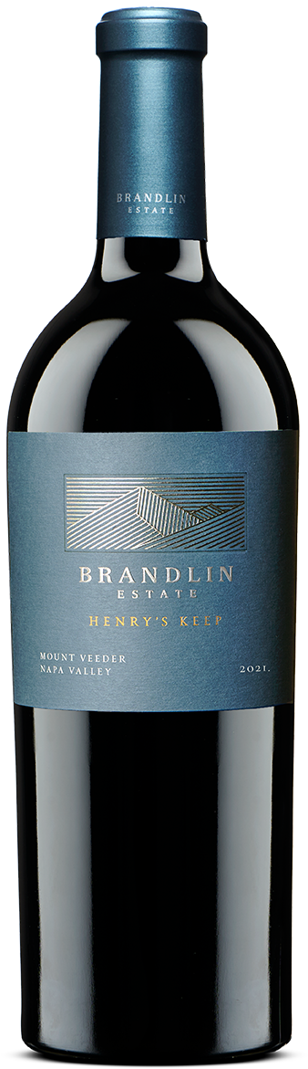 A bottle of 2021 Brandlin Estate Henrys Keep Red Wine with a dark blue and gold label on black glass.