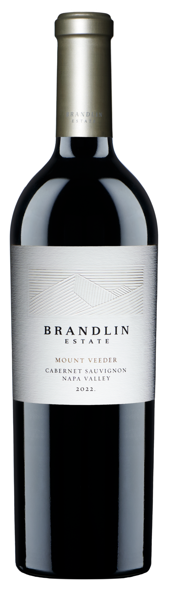 A dark glass bottle of 2022 Brandlin Estate Cabernet Sauvignon with a silver foil top and a white label featuring minimalist line art and black text.