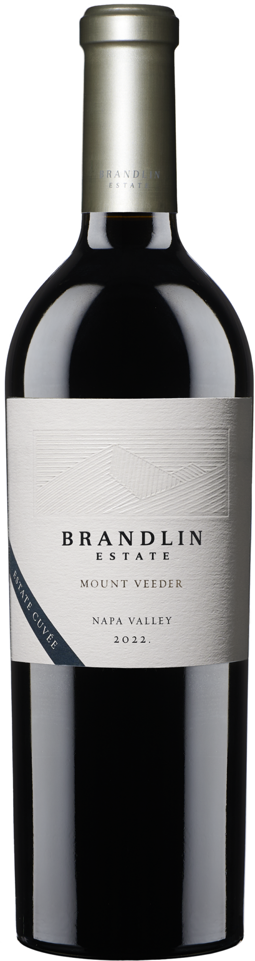 A bottle of 2022 Brandlin Estate Cuvée Red Wine with a dark glass body, black foil on the neck, and a cream-colored label displaying the winery name and wine details.