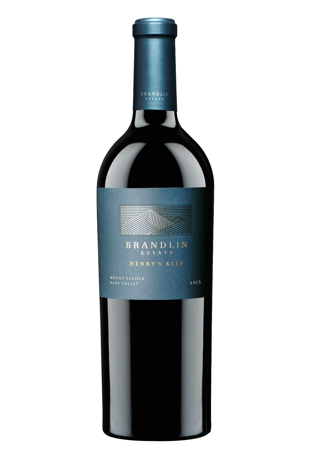 2023 Brandlin Henry's Keep Wine bottle with blue label on a white background