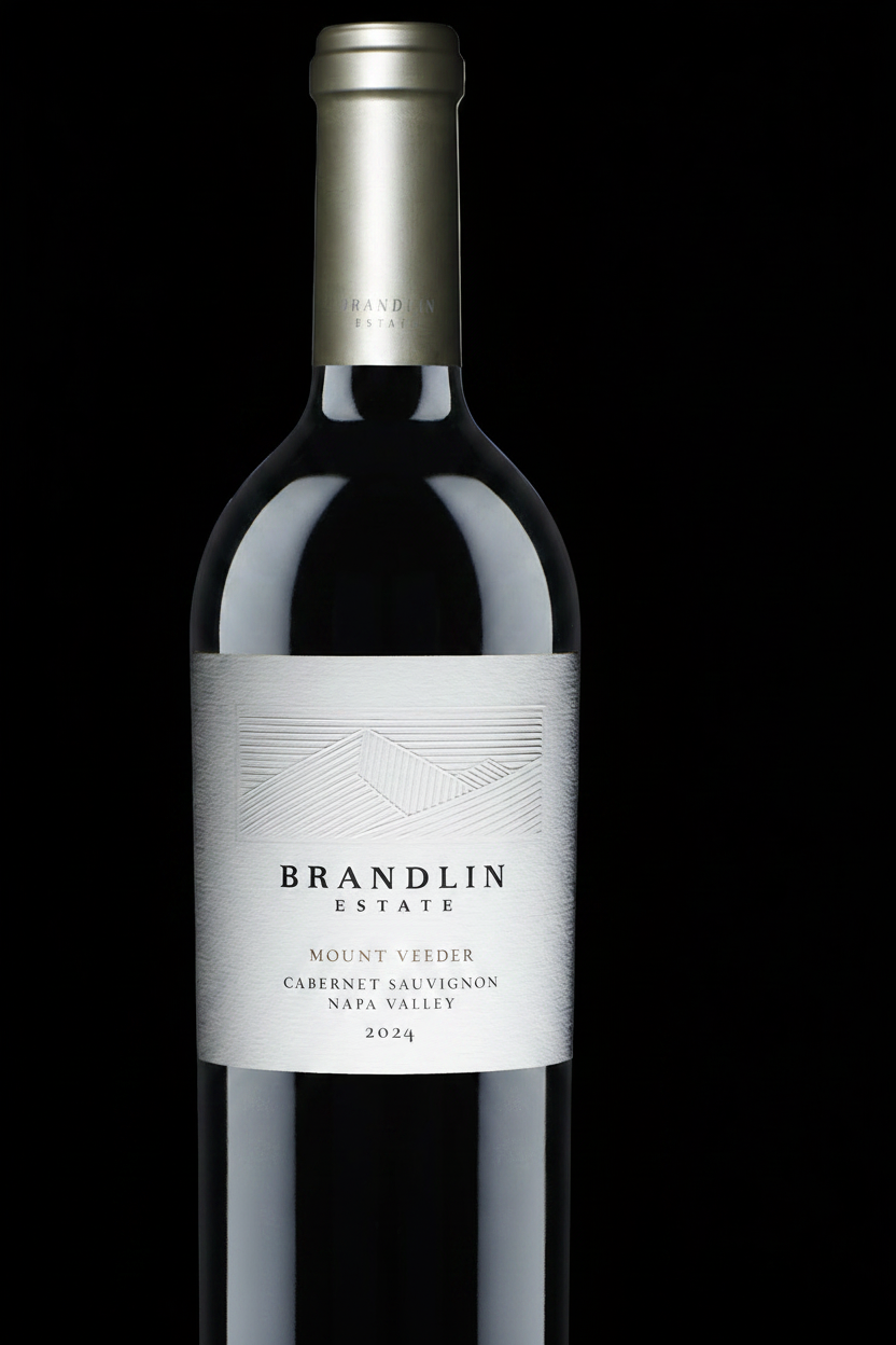 Red wine bottle with  2024 Brandlin Estate Cabernet Sauvignon' label on a white background
