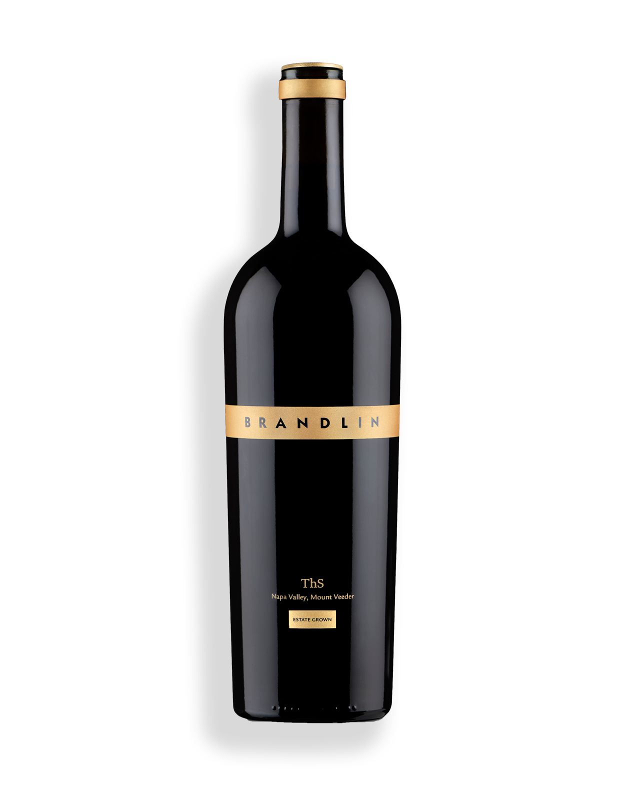 A dark glass 1.5L wine bottle with a gold label displaying "Brandlin" across the center and "ThS, Napa Valley, Mount Veeder, Estate Grown" below, representing the 2016 Brandlin Estate ThS Red Wine, set against a plain white background.