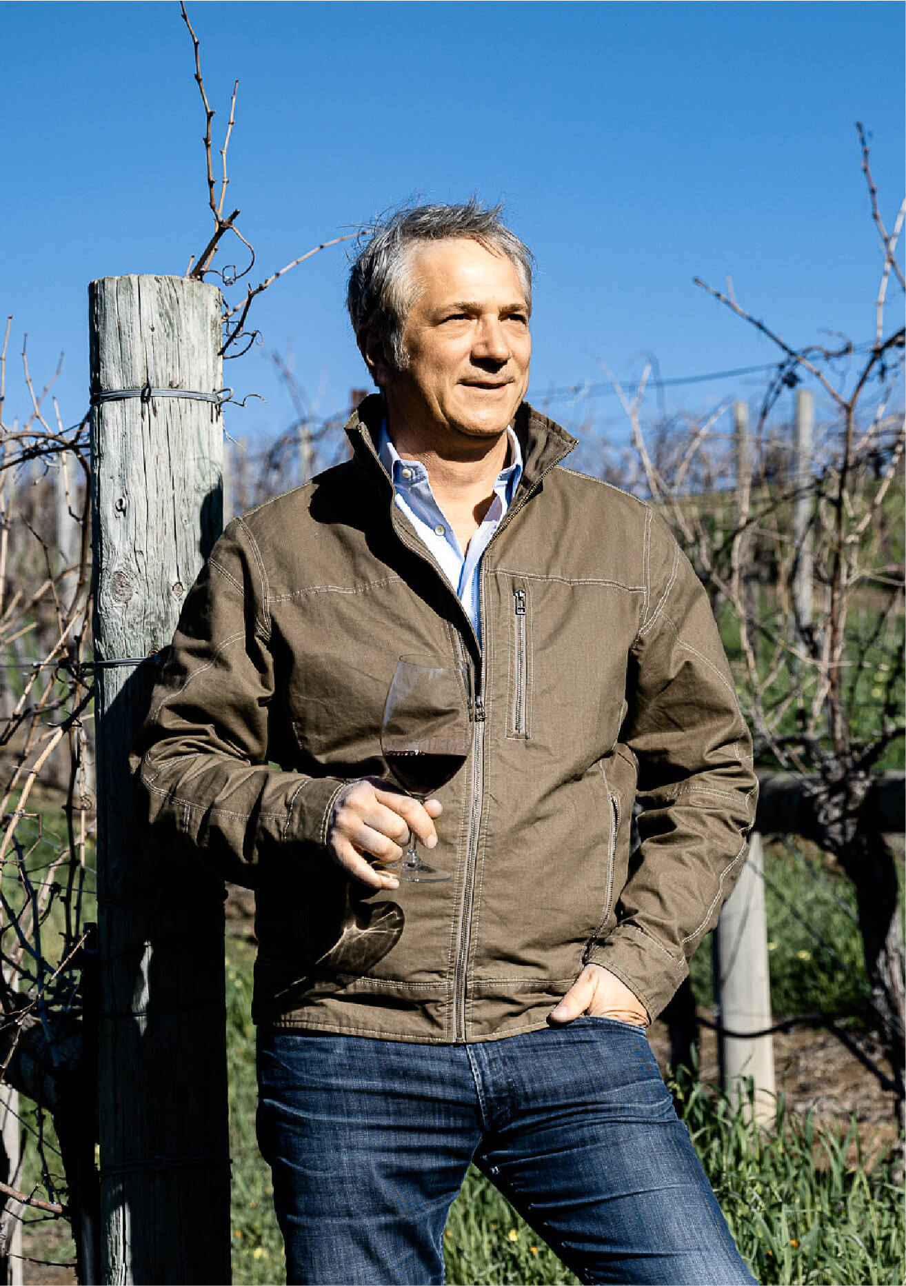 A man in a brown jacket and jeans stands outdoors in a vineyard, holding a glass of red wine and leaning against a wooden post. It is a sunny day with a clear blue sky and leafless grapevines in the background.