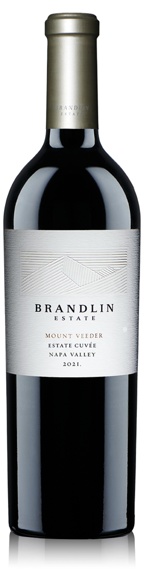 A bottle of 2021 Brandlin Estate Cuvée Red Wine, distinguished by its metallic minimalist label and dark foil capsule over the cork.