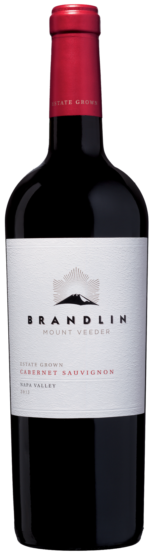 A bottle of 2013 Brandlin Estate Cabernet Sauvignon with a red foil cap, white label, and black and red text indicating its from Napa Valley.