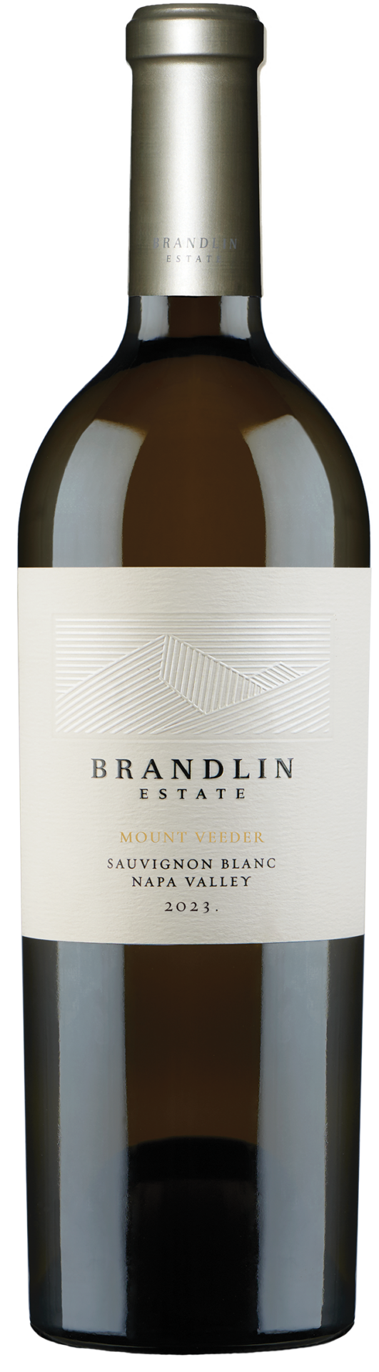 A bottle of 2023 Brandlin Sauvignon Blanc, Mount Veeder, featuring a cream label with gold accents, displayed against a plain white background.