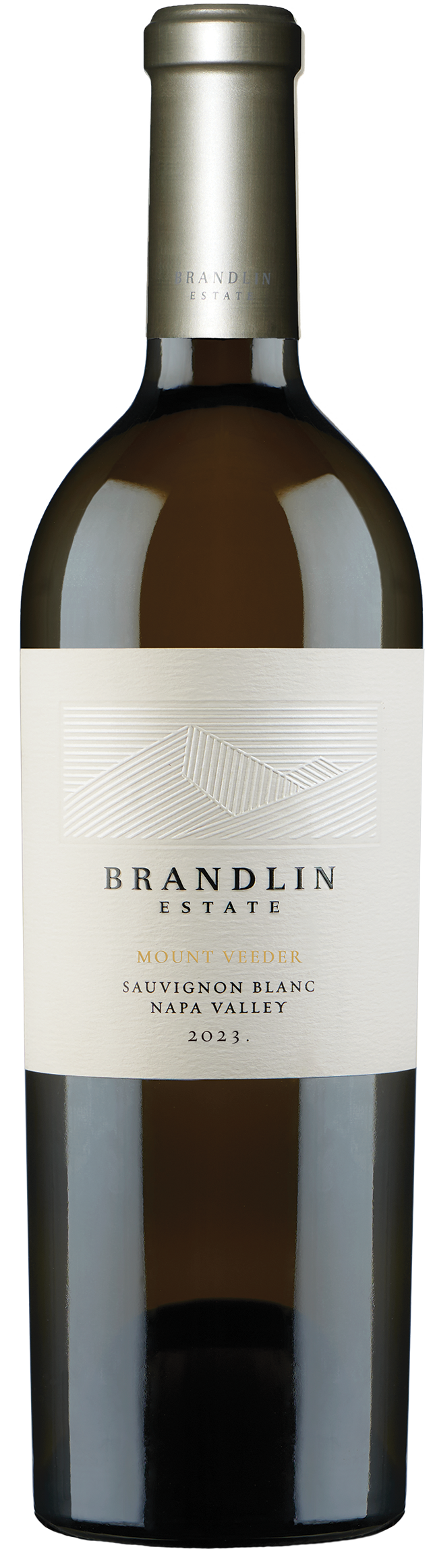 A bottle of 2024 Brandlin Sauvignon Blanc, Mount Veeder, with a beige label featuring gold and black text, dark glass, and a gold foil capsule.