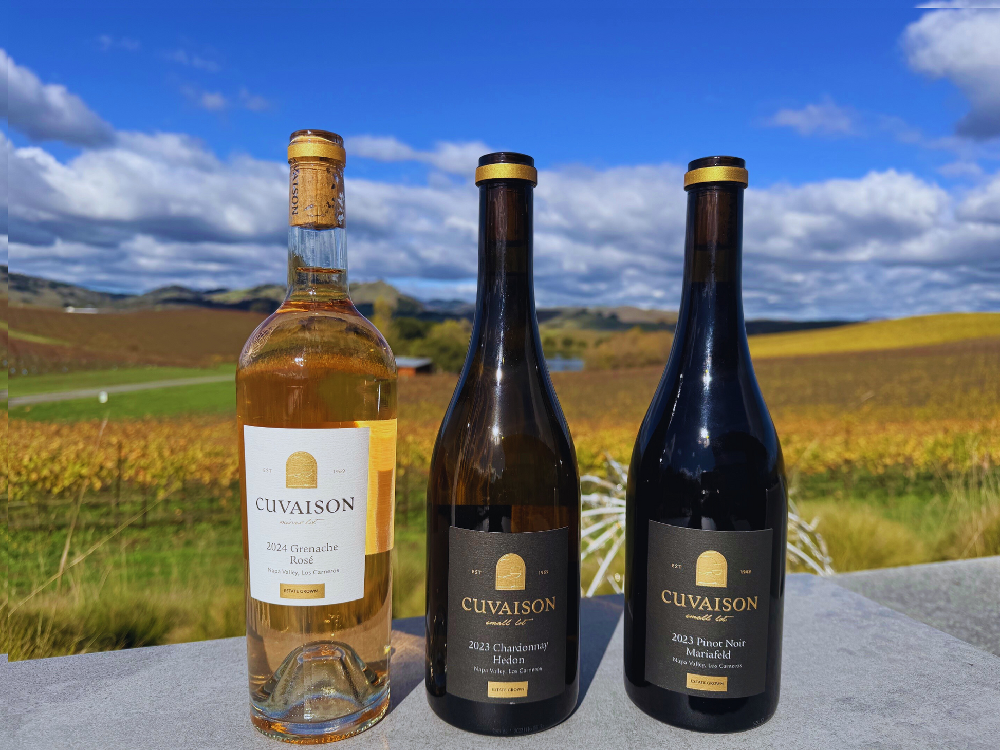 The Thanksgiving Trio—three Cuvaison wines—stands on a stone surface with a vineyard and rolling hills in the background beneath a partly cloudy sky.