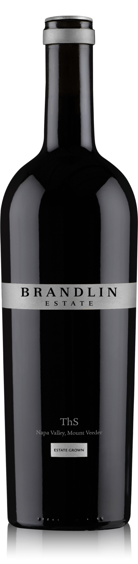A dark bottle of 2021 Brandlin Estate Cabernet Sauvignon ThS, Napa Valley, Mount Veeder, Estate Grown, features a silver horizontal label and a black capsule covering the cork.