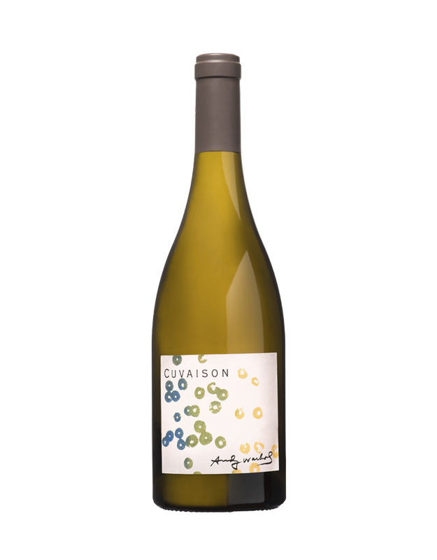 A bottle of 2014 Cuvaison Warhol Chardonnay with a gray cap and a white label featuring colorful, abstract dots and Cuvaison printed in black text.