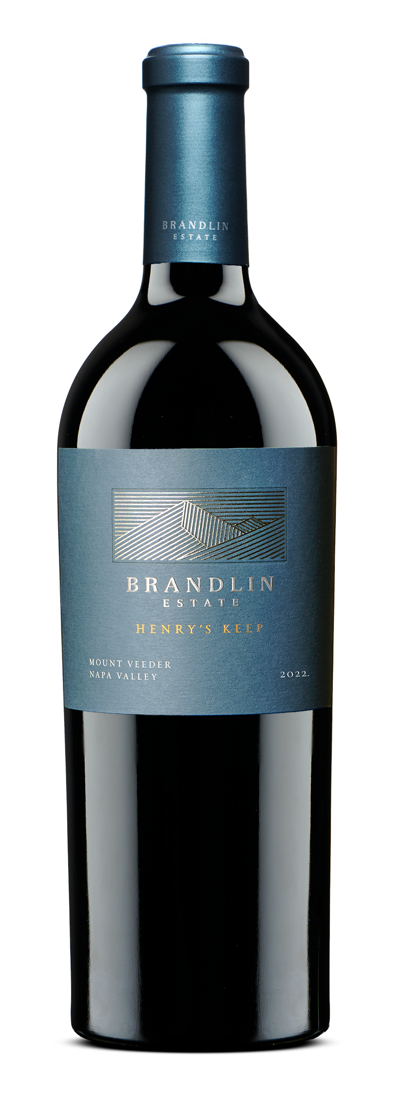 A bottle of 2022 Brandlin Estate Henrys Keep Red Wine features a metallic blue and gold label from Mount Veeder, Napa Valley, with a matching blue foil on the neck.