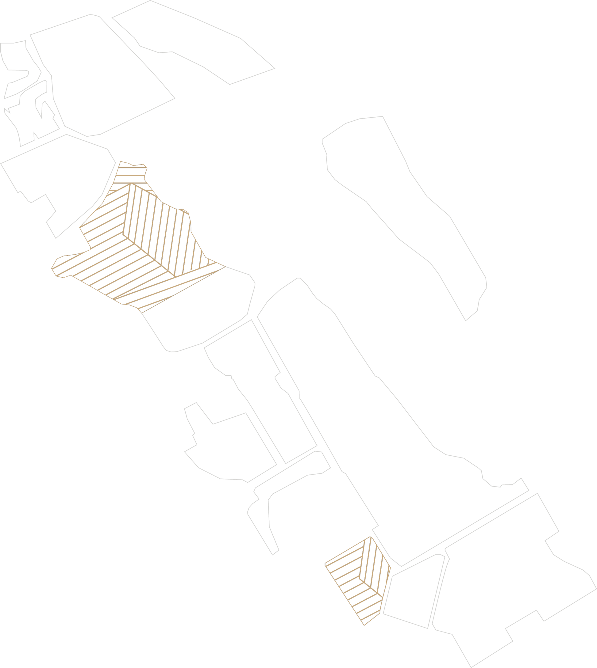 A simple map outline with two central sections filled in with diagonal brown lines; the rest of the map is left as thin, light grey outlines. No labels or additional details are present.