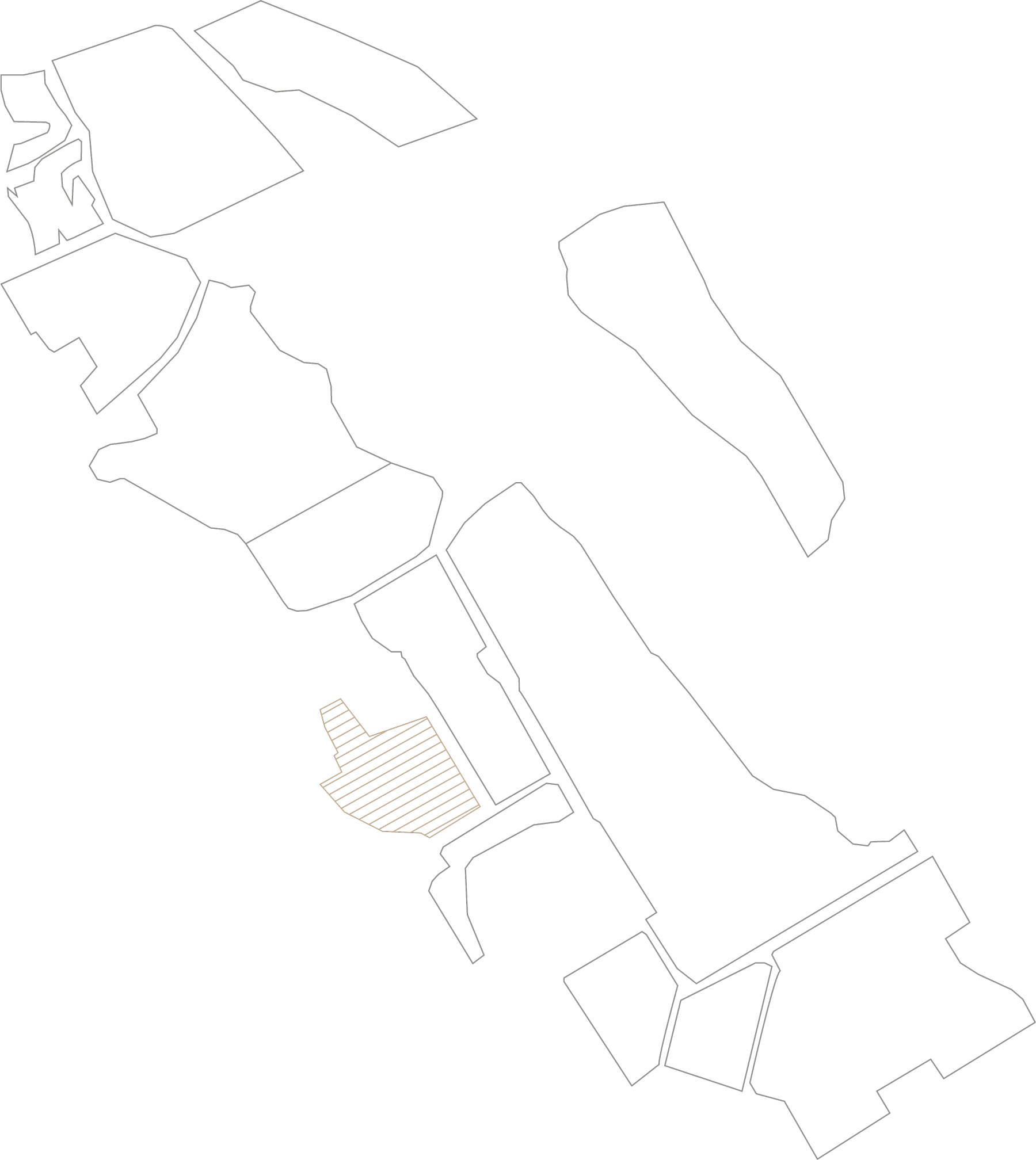 A simple map showing several outlined, irregularly shaped sections. One section near the center is filled with diagonal brown lines, distinguishing it from the other outlined sections.