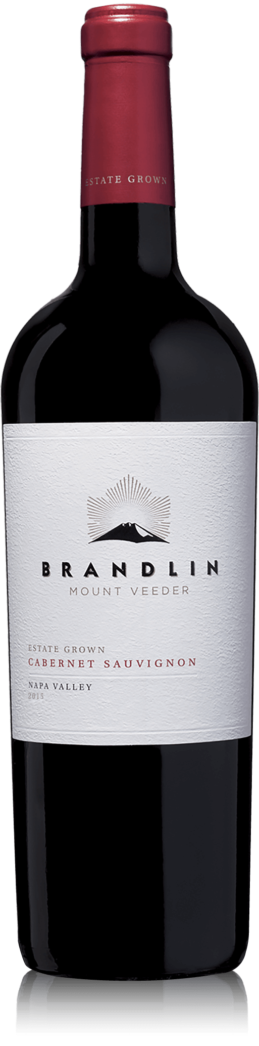 A bottle of 2015 Brandlin Estate Cabernet Sauvignon with a red foil capsule, white label, and the winery’s logo and text on the front.