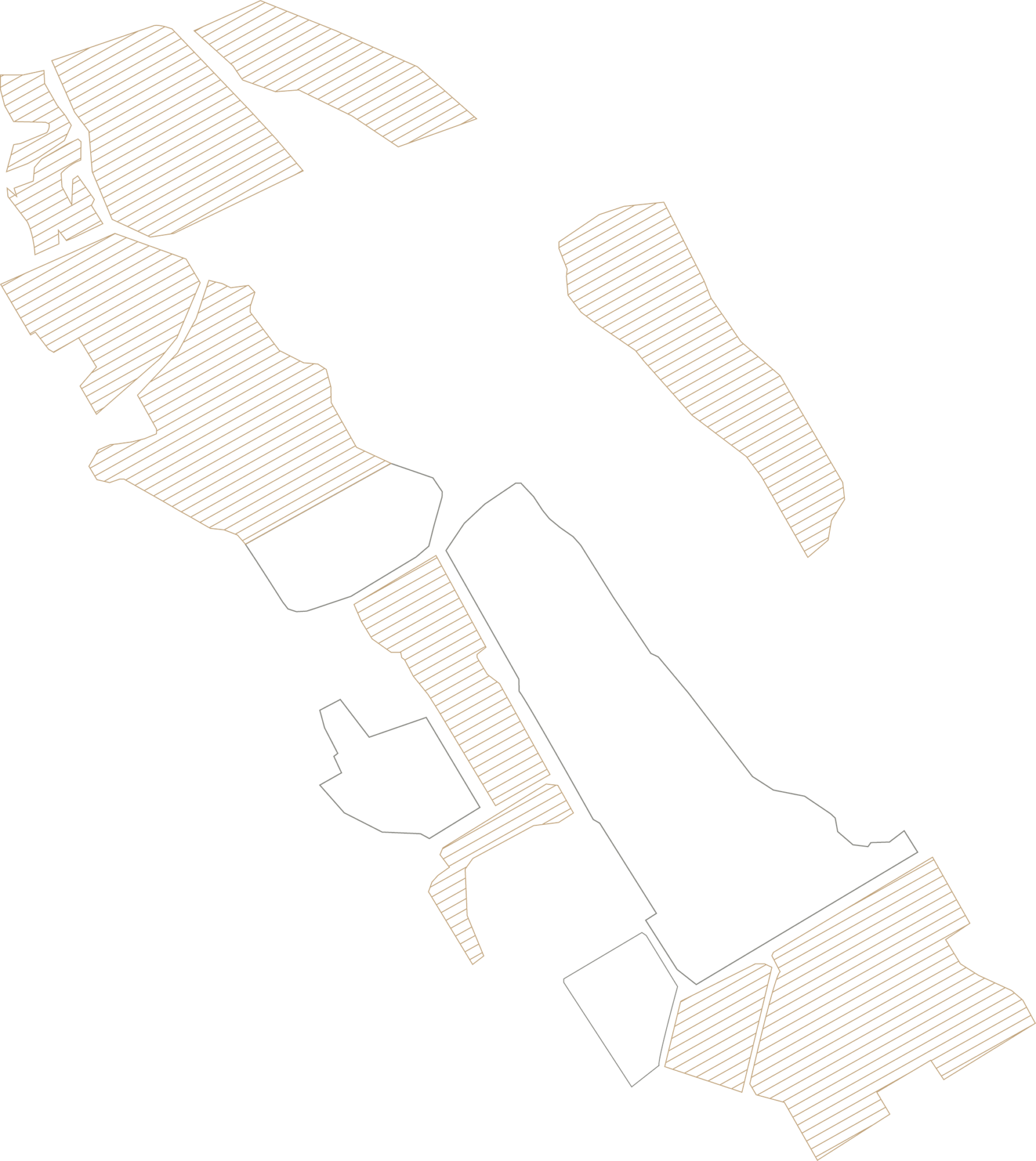 Outline map illustration showing several irregularly shaped and separated land parcels, each filled with diagonal lines. The background is white and there are no labels or additional features.