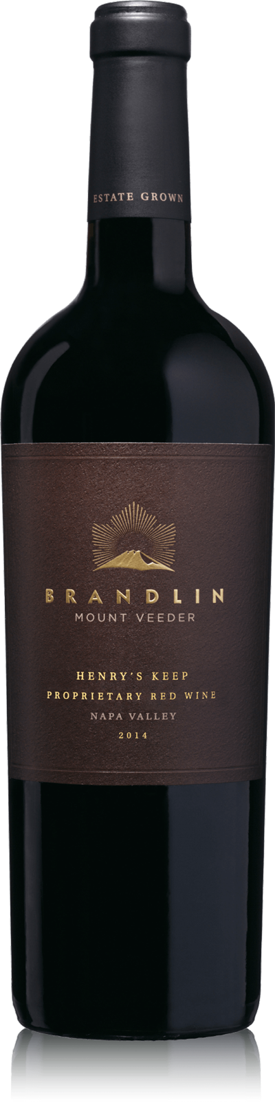 A bottle of 2014 Brandlin Estate Henry’s Keep Red Wine with a dark glass body and a brown label featuring gold text and a sunburst design.