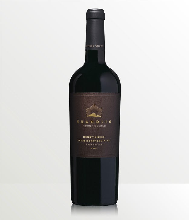 A dark glass bottle of 2018 Brandlin Estate Henrys Keep Red Wine with a black foil top and a dark brown label featuring gold text, indicating it is a Napa Valley proprietary red wine.