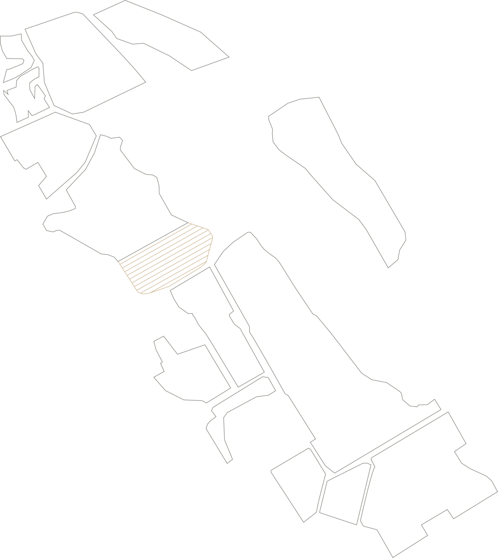 A minimal map with outlined irregular shapes and one area near the center highlighted with parallel diagonal lines. The background is white, and the lines are thin and light brown.