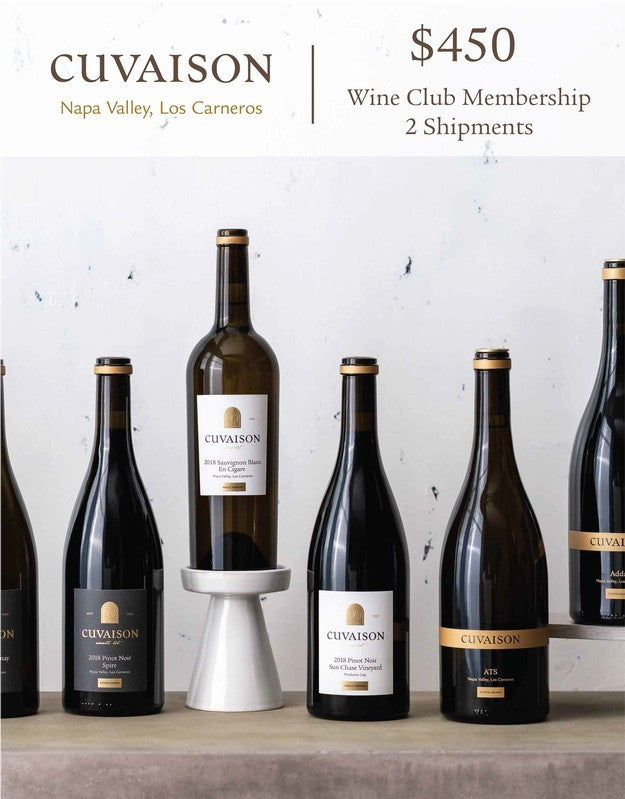 Five bottles of Cuvaison wine are shown on a light surface, one raised on a pedestal. Text above highlights the Cuvaison Gift Membership, 2 Shipments—available for $450.