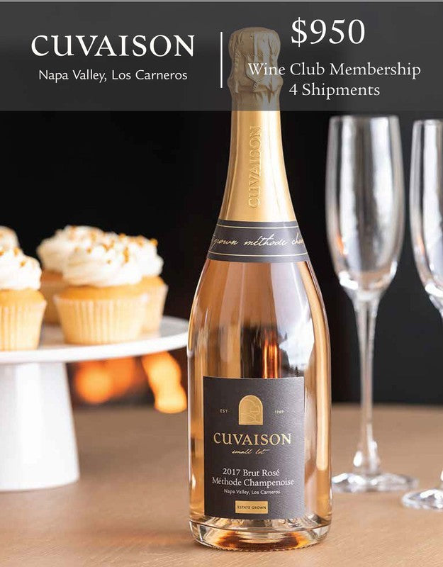 A bottle of Cuvaison 2017 Brut Rosé stands before two empty champagne flutes and a plate of cupcakes, alongside text promoting the Cuvaison Gift Membership (4 Shipments) for $950.