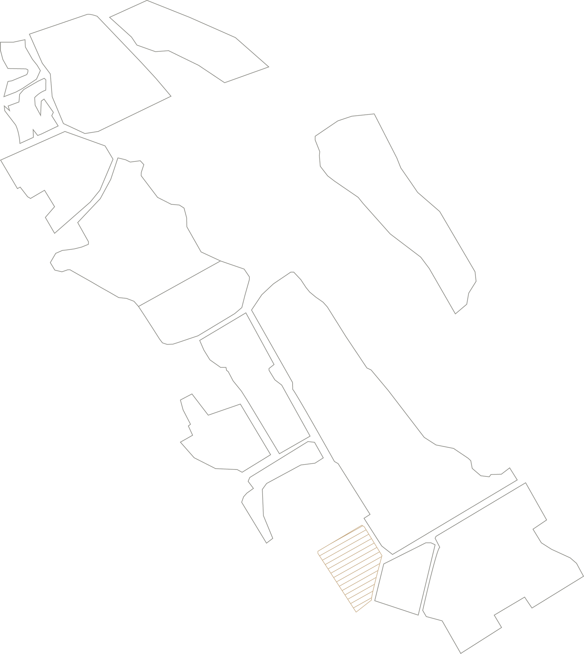 A minimal, outline map with various irregular sections separated by thin lines. One section near the bottom right is filled with diagonal tan lines while the rest remain unfilled.