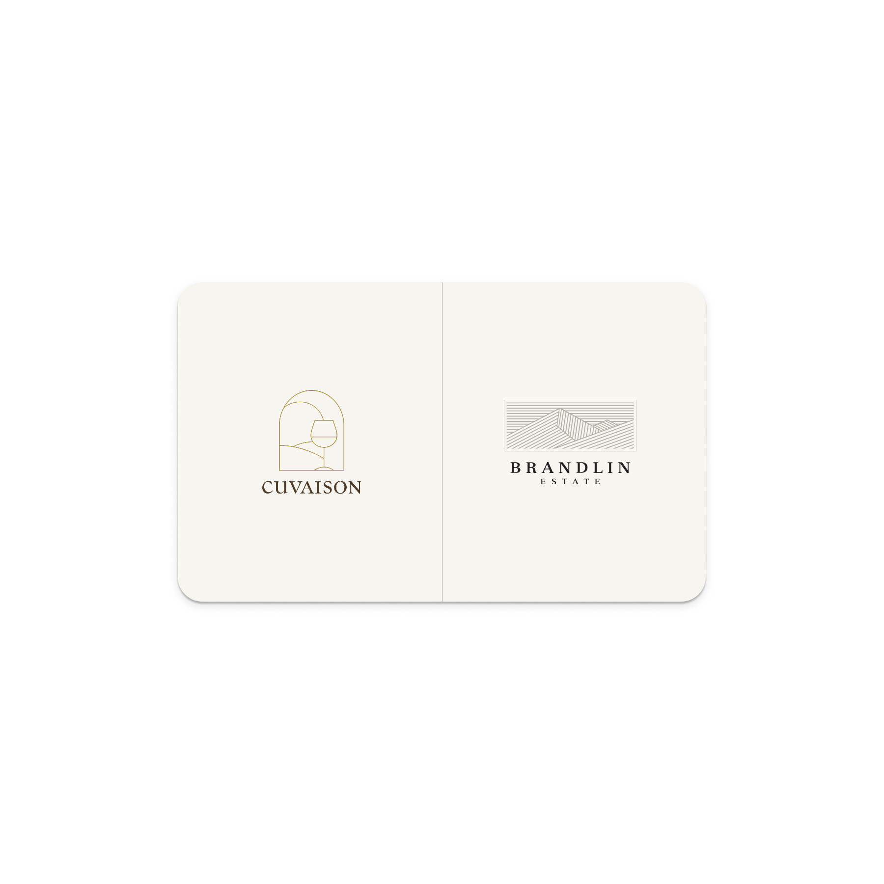 The Two Estates Physical Gift Card displays two minimalist logos on a white background: CUVAISON with a dome-encased head illustration, and BRANDLIN ESTATE with stylized mountains above the name.