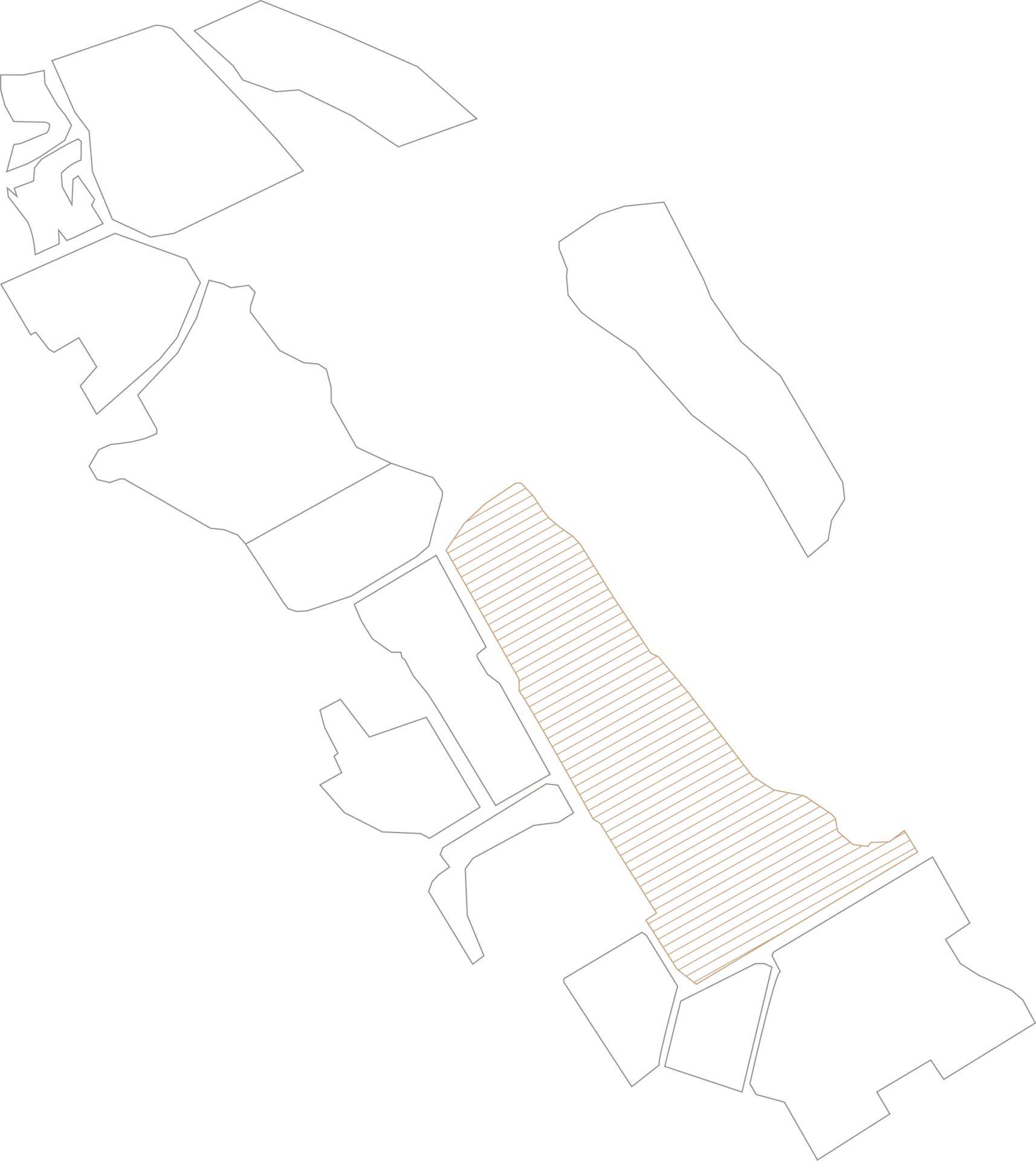 A map with several outlined land sections; one large central section is highlighted with diagonal brown lines while the others are unshaded. The background is white.